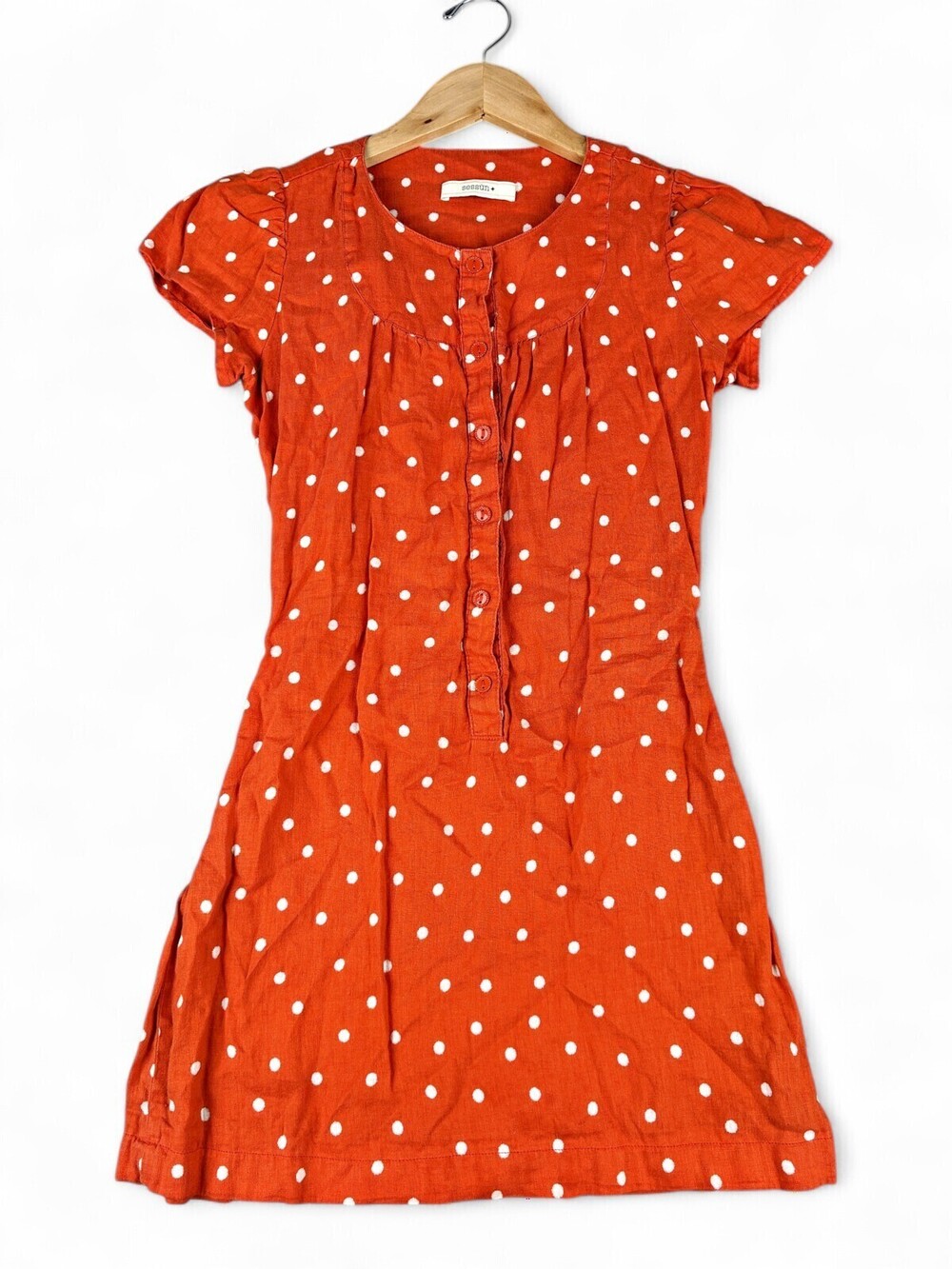 Sessun Linen Polka Dot Mini Dress XS Rust Button-Front